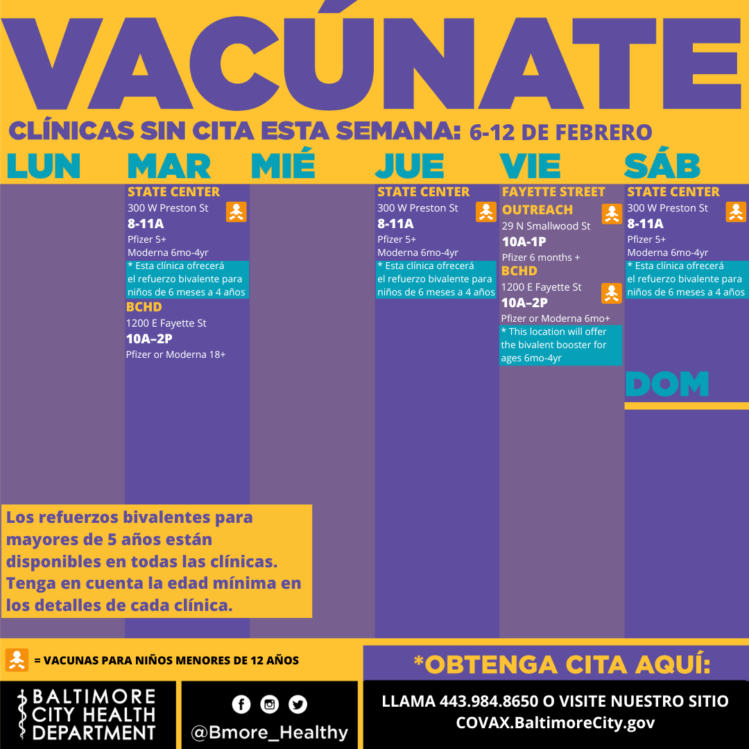 Week of February 6th-12th mobile vaccination clinic schedule in Spanish